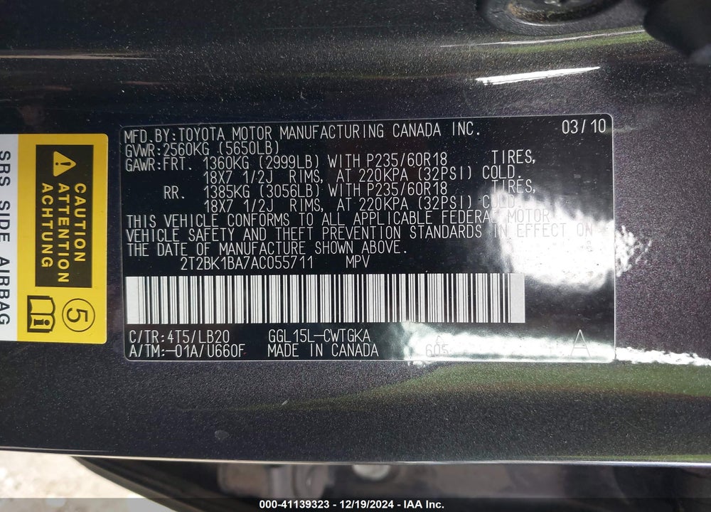 2010 LEXUS RX 350 BASE (A6) VIN: 2T2BK1BA7AC055711