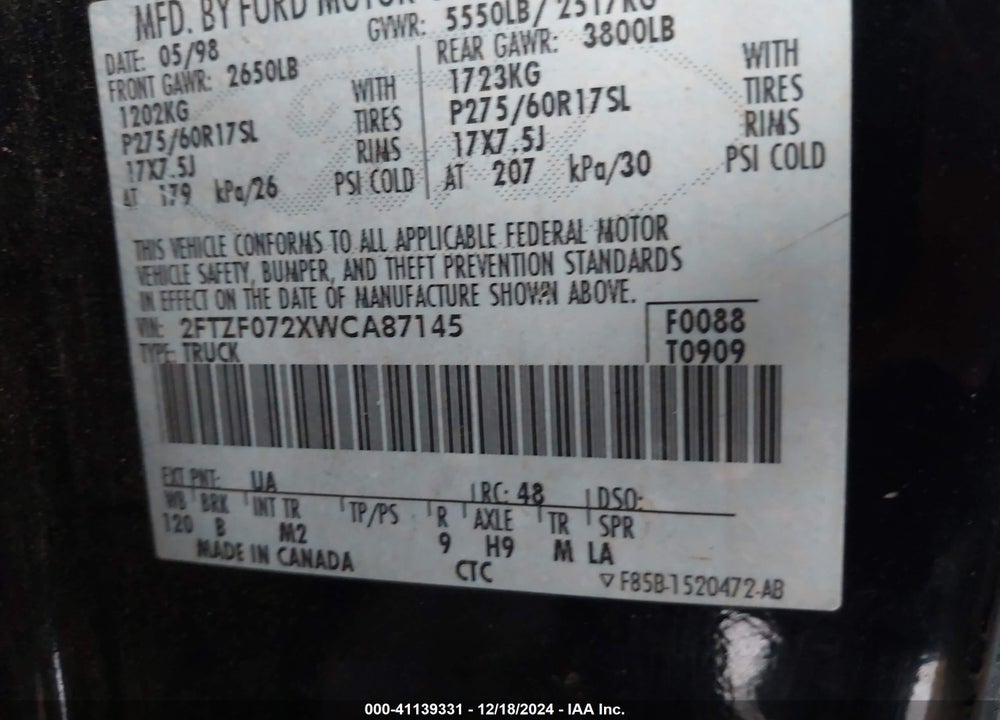 1998 FORD F-150 XL/XLT VIN: 2FTZF072XWCA87145