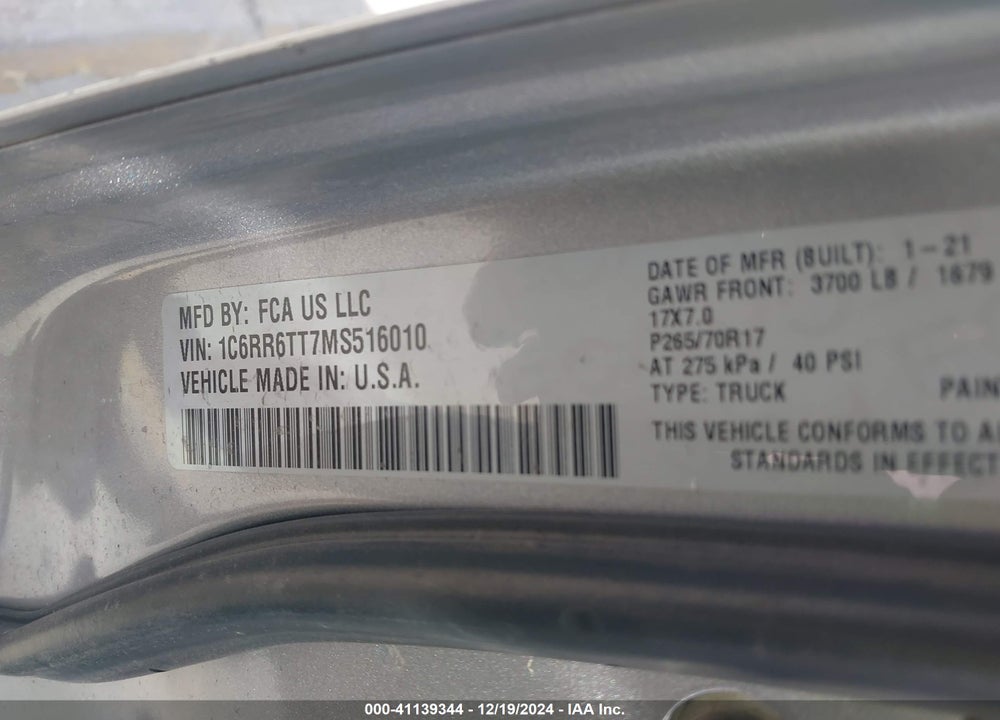 2021 RAM 1500 CLASSIC SLT 4X2 6'4 BOX VIN: 1C6RR6TT7MS516010
