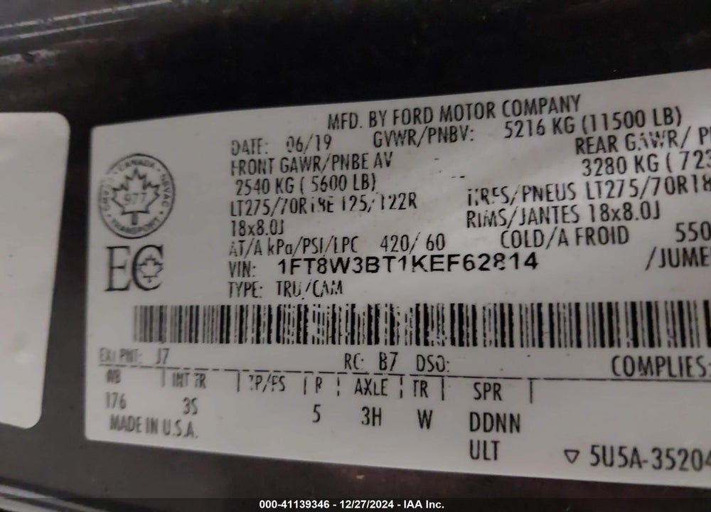 2019 FORD F-350 XLT VIN: 1FT8W3BT1KEF62814