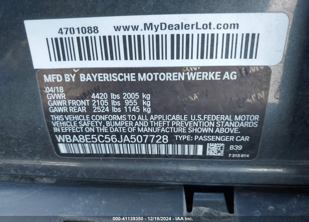 2018 BMW 328D VIN: WBA8E5C56JA507728