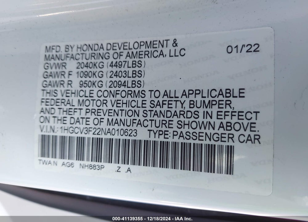 2022 HONDA ACCORD VIN: 1HGCV3F22NA010623
