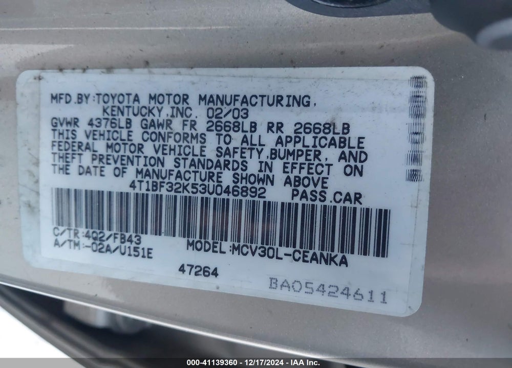 2003 TOYOTA CAMRY LE V6 VIN: 4T1BF32K53U046892
