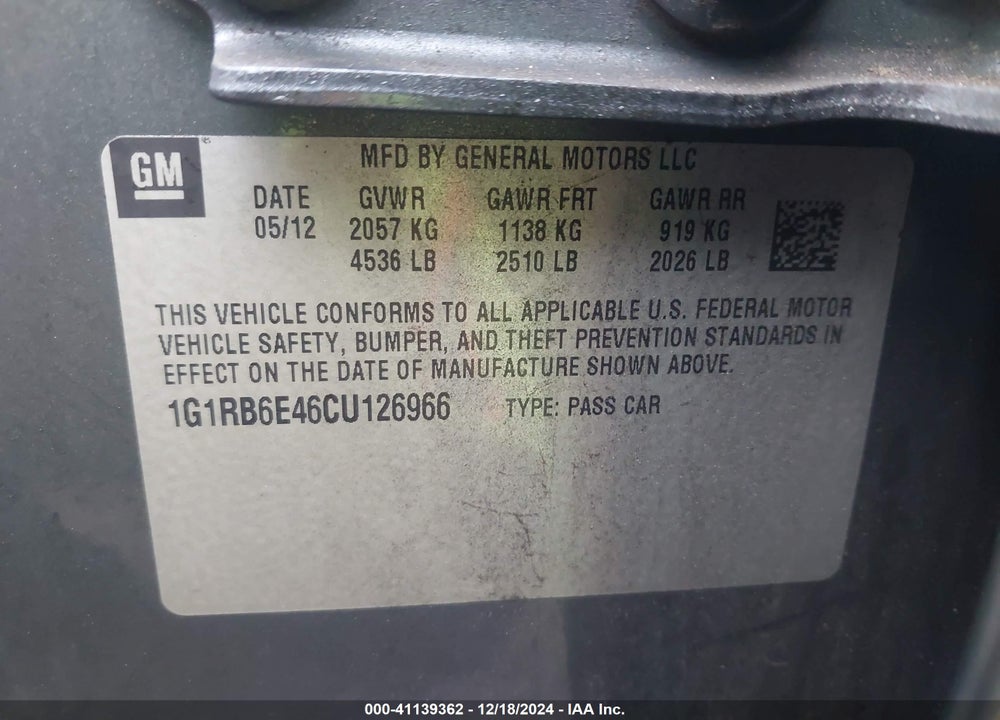 2012 CHEVROLET VOLT VIN: 1G1RB6E46CU126966