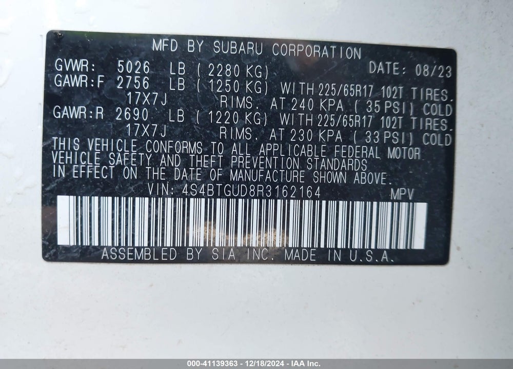 2024 SUBARU OUTBACK WILDERNESS VIN: 4S4BTGUD8R3162164