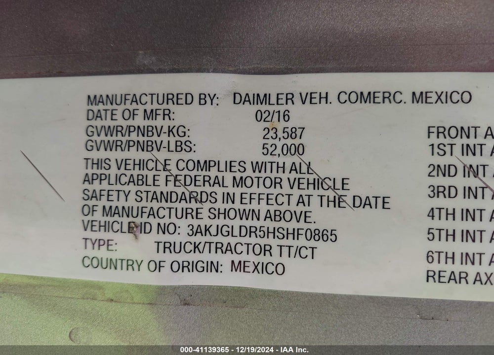 2017 FREIGHTLINER CASCADIA 125 VIN: 3AKJGLDR5HSHF0865