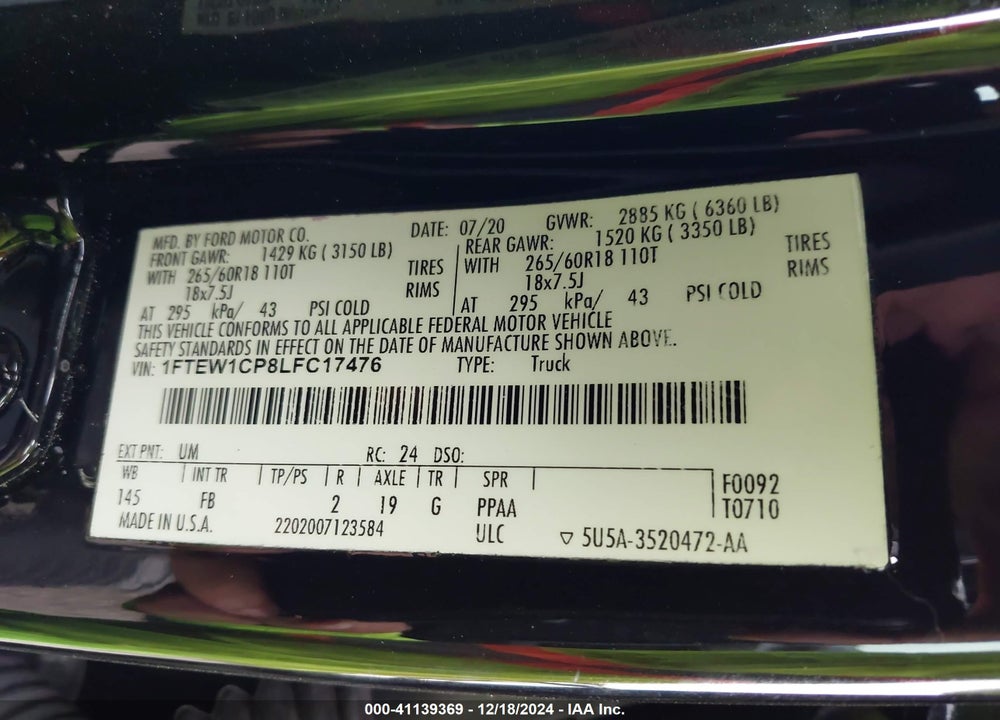 2020 FORD F150 VIN: 1FTEW1CP8LFC17476