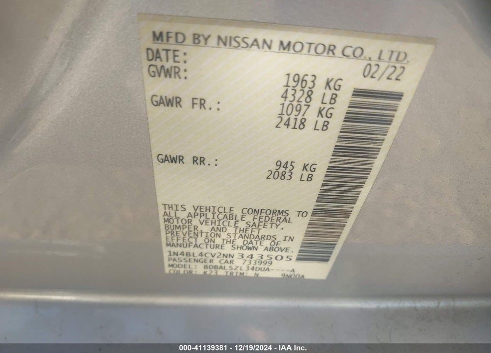 2022 NISSAN ALTIMA SR FWD VIN: 1N4BL4CV2NN343505