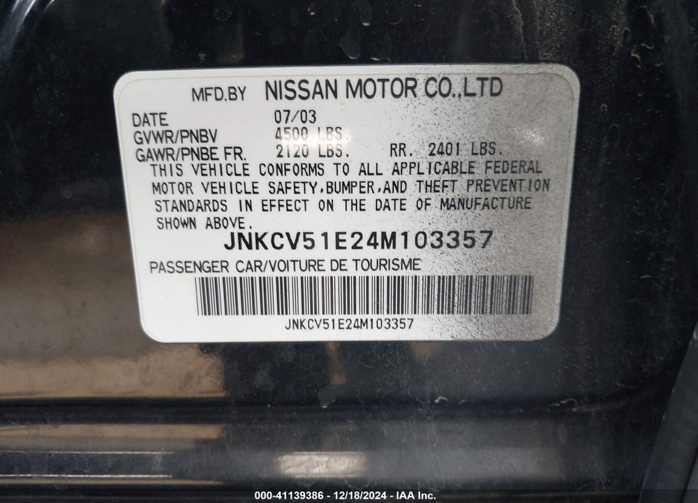 2004 INFINITI G35 VIN: JNKCV51E24M103357
