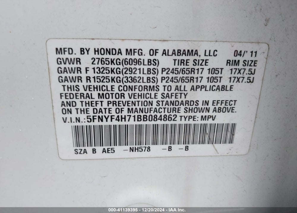 2011 HONDA PILOT EX-L VIN: 5FNYF4H71BB084862