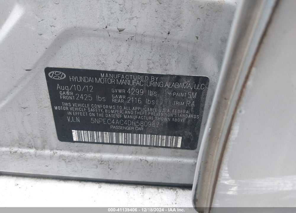 2013 HYUNDAI SONATA VIN: 5NPEC4AC4DH580987