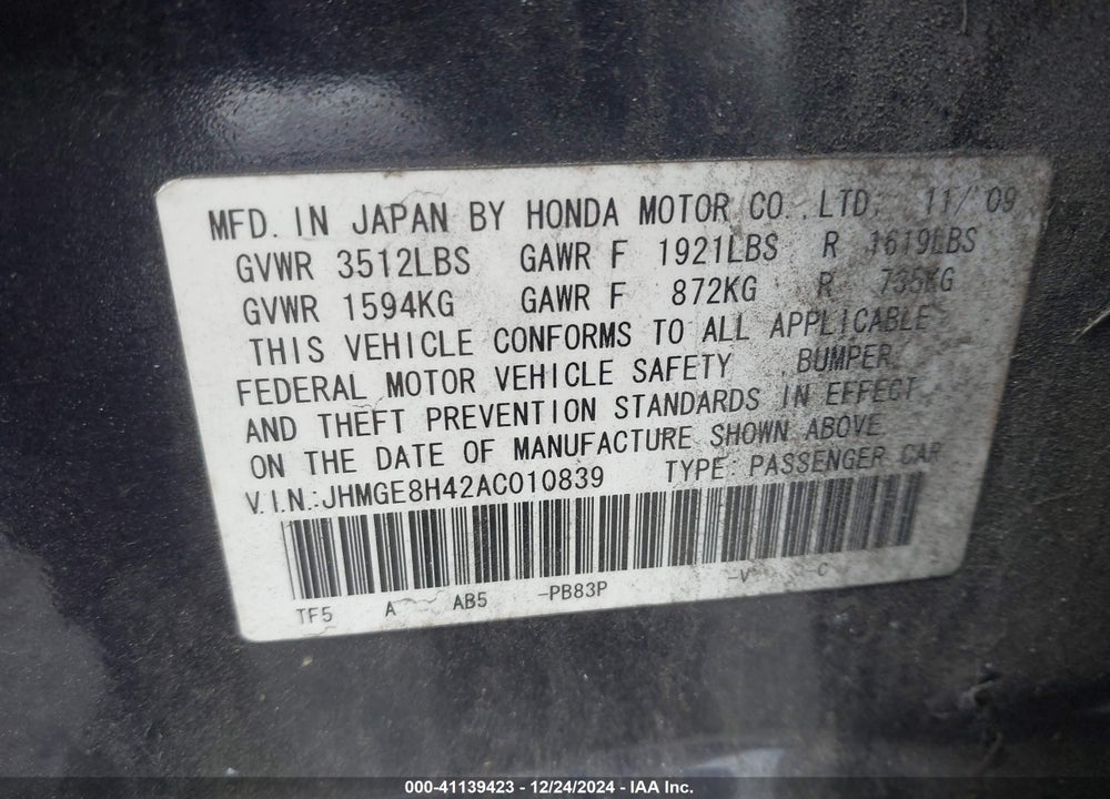 2010 HONDA FIT SPORT VIN: JHMGE8H42AC010839