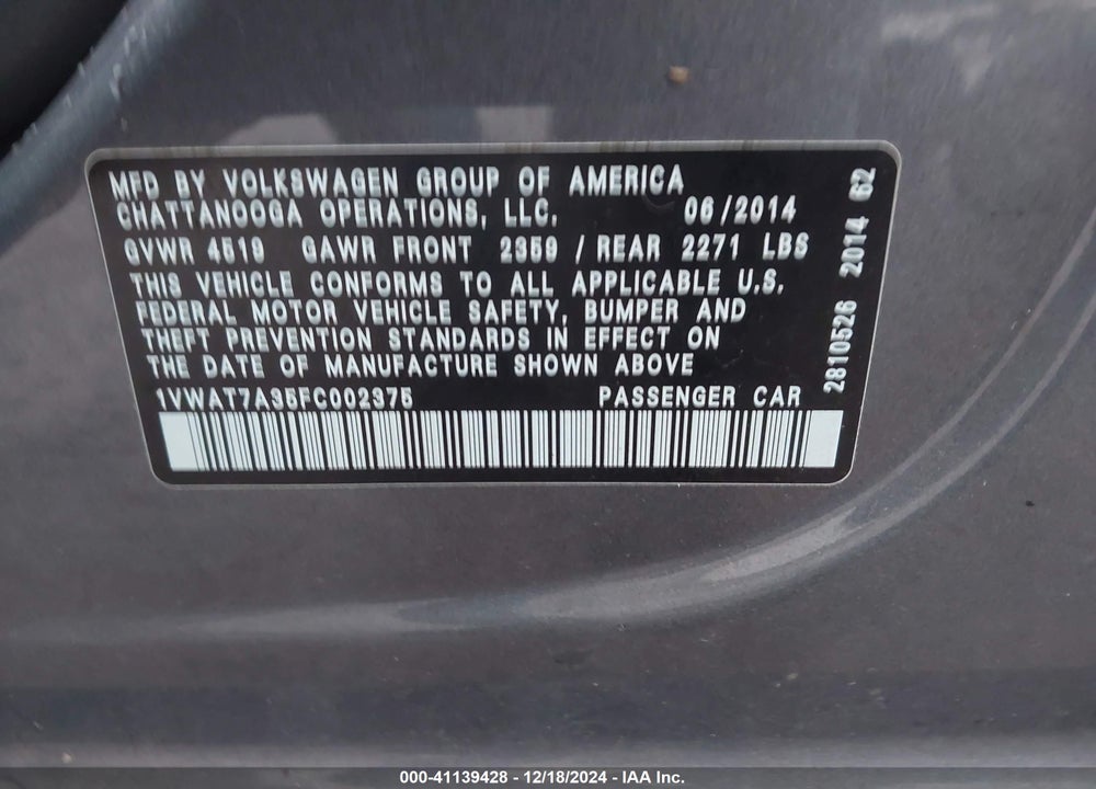 2015 VOLKSWAGEN PASSAT 1.8T WOLFSBURG EDITION VIN: 1VWAT7A35FC002375