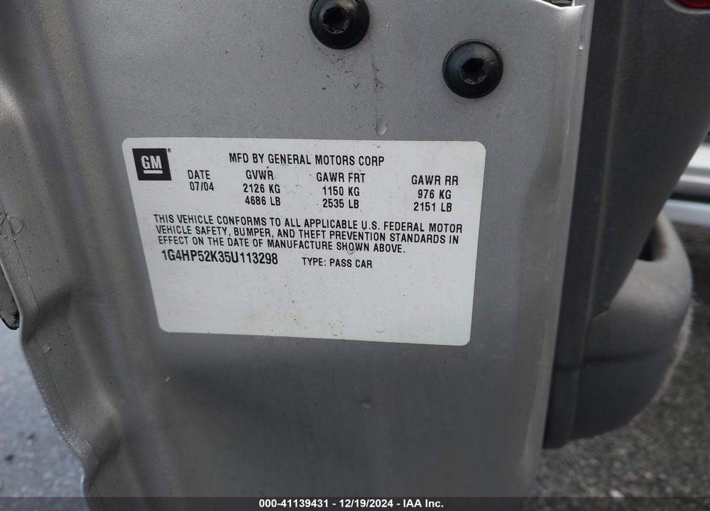 2005 BUICK LESABRE CUSTOM VIN: 1G4HP52K35U113298