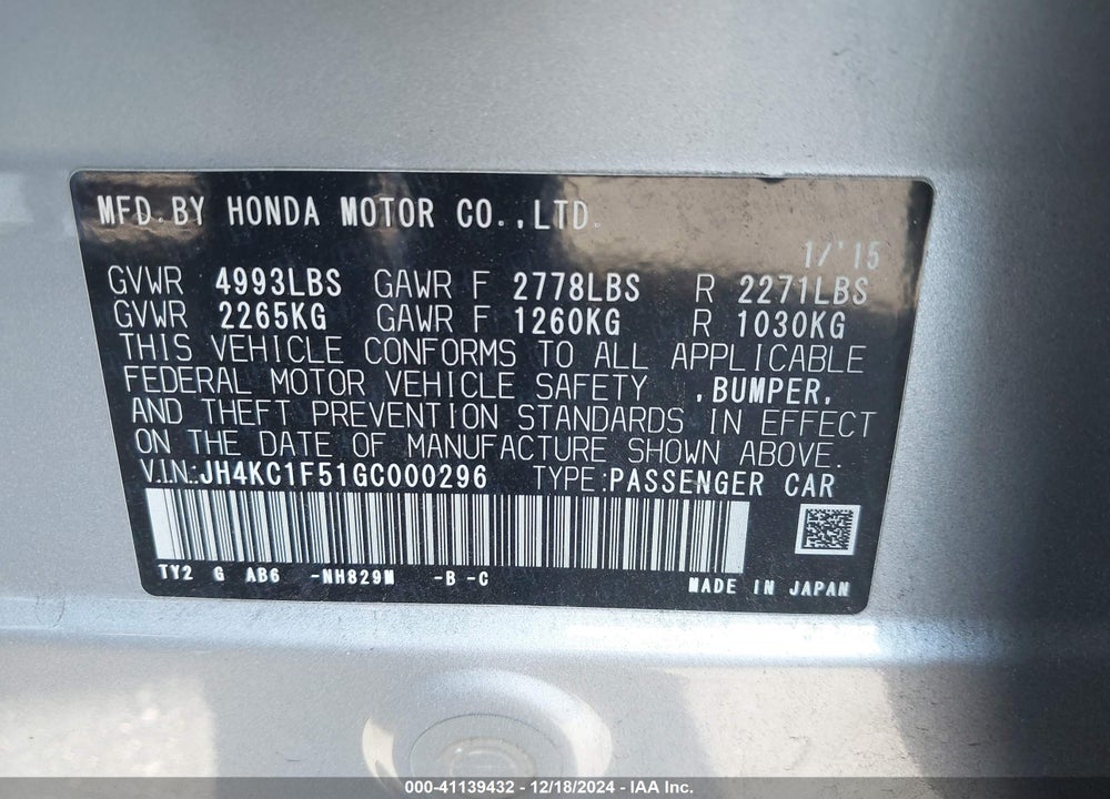 2016 ACURA RLX TECHNOLOGY PACKAGE VIN: JH4KC1F51GC000296