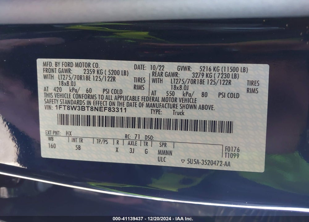 2022 FORD F-350 LARIAT VIN: 1FT8W3BT8NEF83311