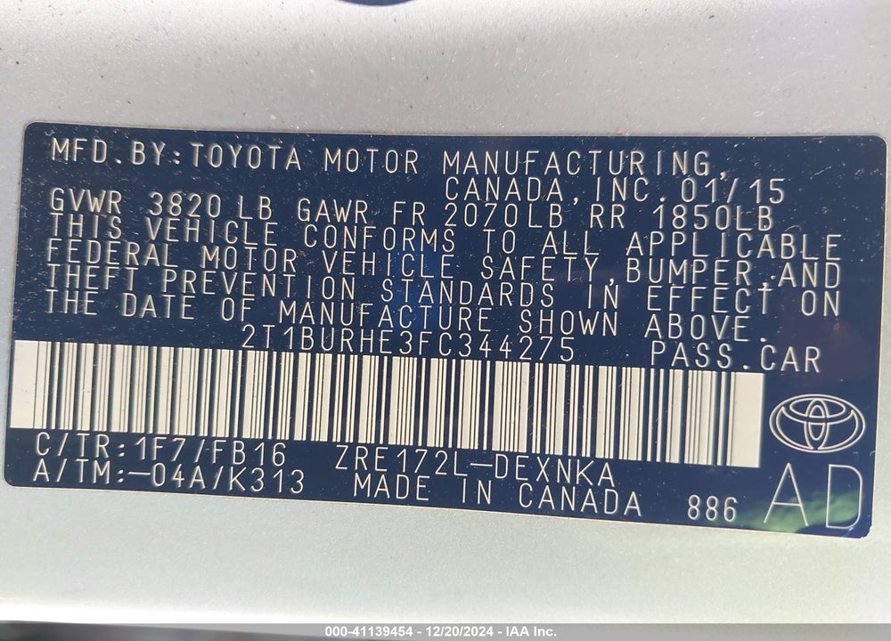 2015 TOYOTA COROLLA LE VIN: 2T1BURHE3FC344275