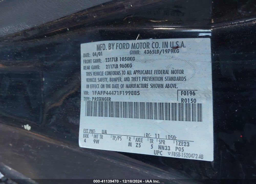 2001 FORD MUSTANG VIN: 1FAFP44471F199885