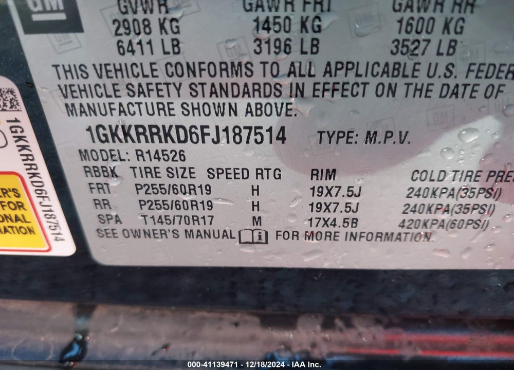 2015 GMC ACADIA SLT-1 VIN: 1GKKRRKD6FJ187514