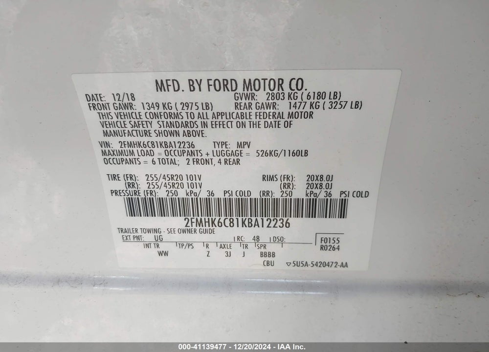2019 FORD FLEX VIN: 2FMHK6C81KBA12236