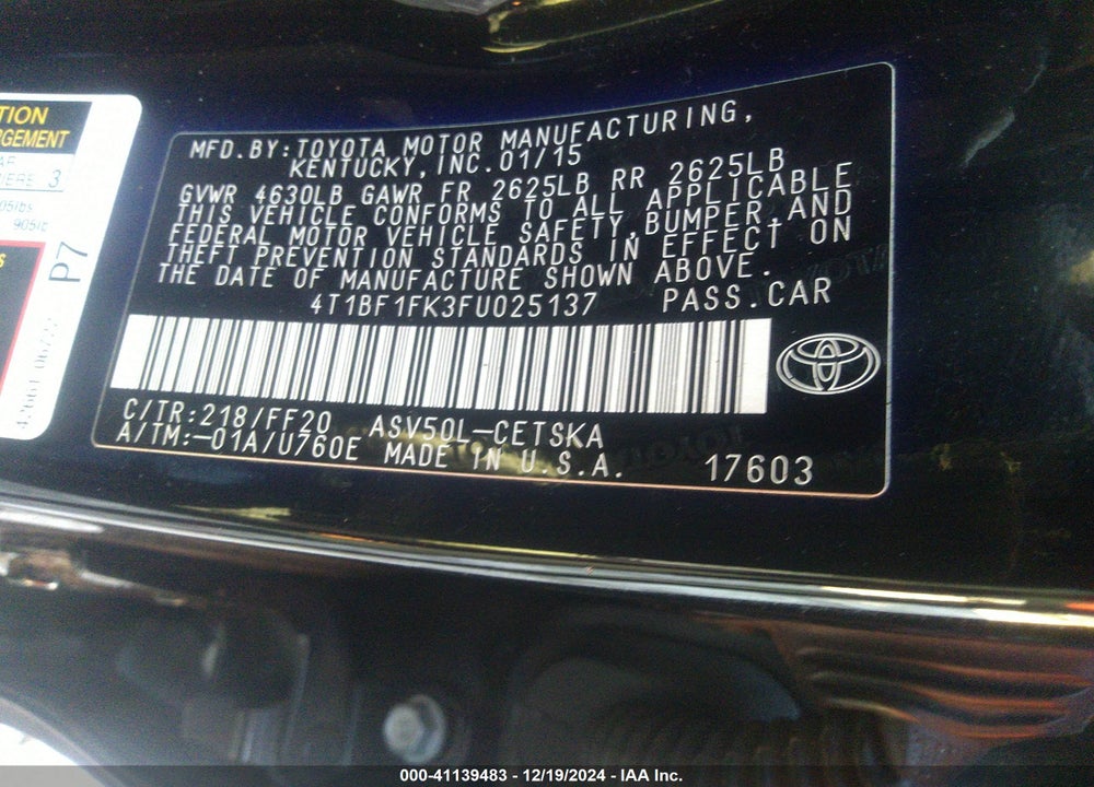 2015 TOYOTA CAMRY SE VIN: 4T1BF1FK3FU025137