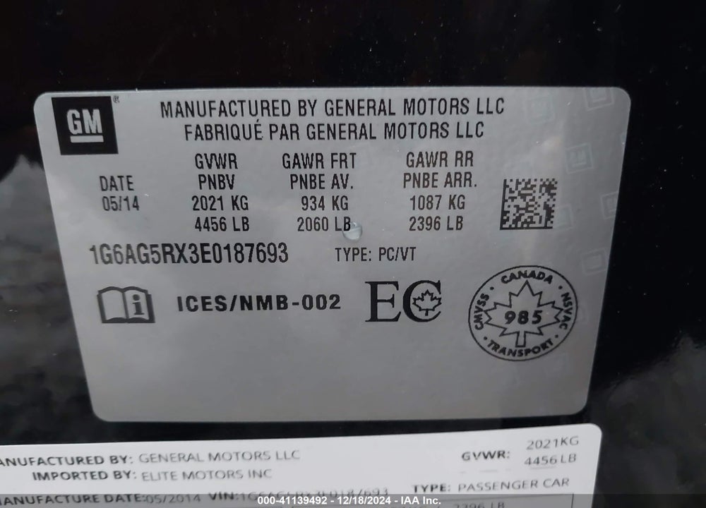 2014 CADILLAC ATS STANDARD VIN: 1G6AG5RX3E0187693
