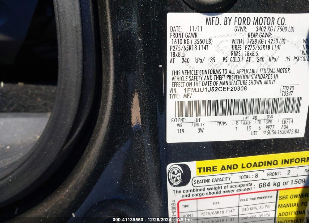2012 FORD EXPEDITION XLT VIN: 1FMJU1J52CEF20308