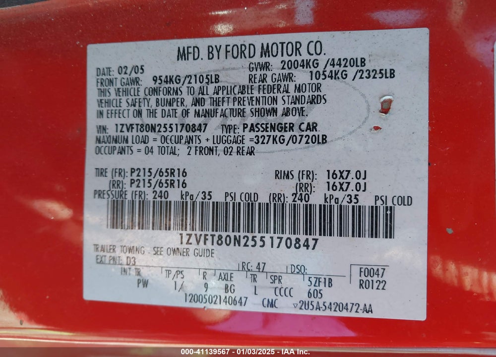 2005 FORD MUSTANG V6 DELUXE/V6 PREMIUM VIN: 1ZVFT80N255170847