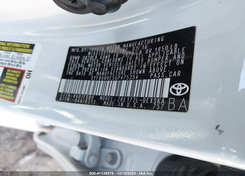 2016 TOYOTA COROLLA L/LE/LE PLS/PRM/S/S PLS VIN: 5YFBURHE5GP475354