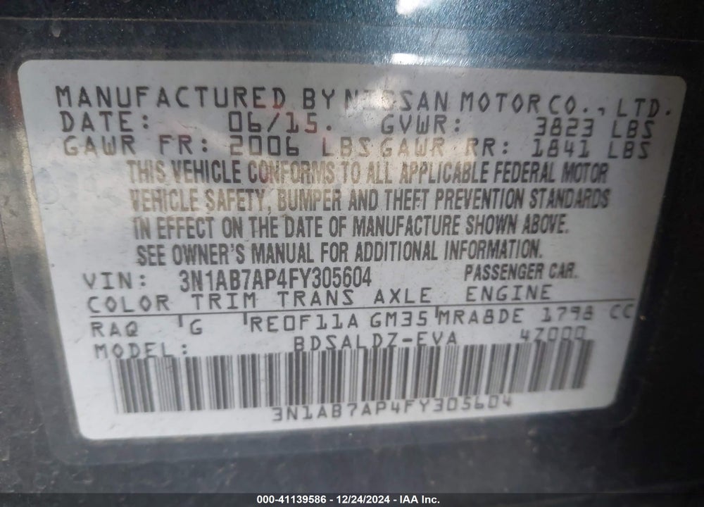 2015 NISSAN SENTRA SV VIN: 3N1AB7AP4FY305604