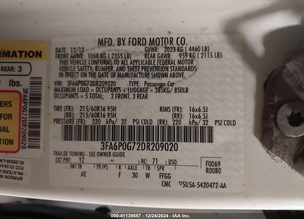 2013 FORD FUSION S VIN: 3FA6P0G72DR209020