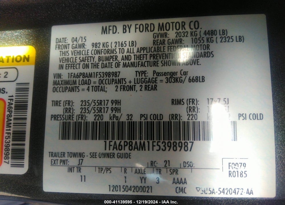 2015 FORD MUSTANG VIN: 1FA6P8AM1F5398987