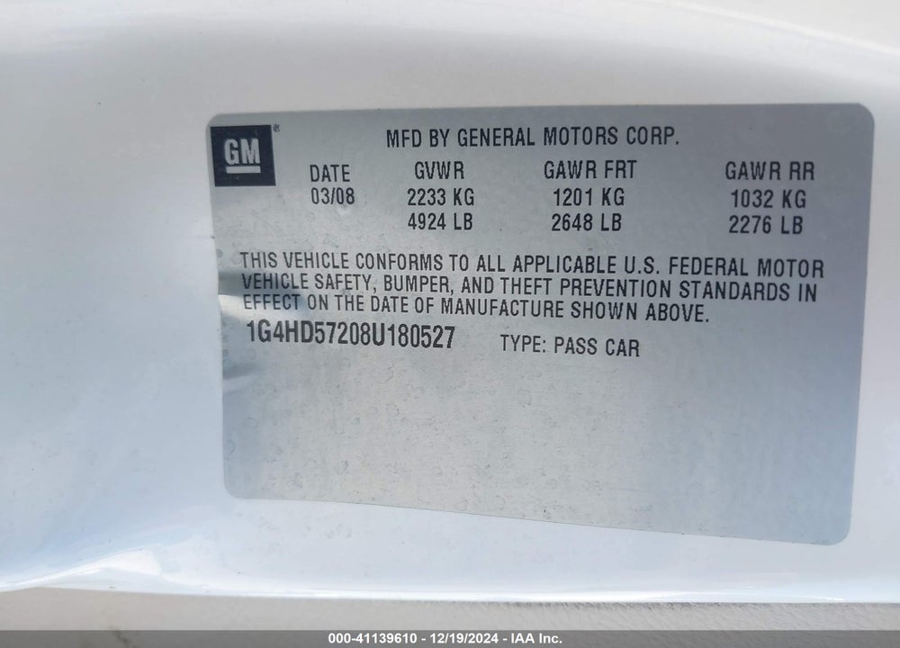 2008 BUICK LUCERNE CXL VIN: 1G4HD57208U180527