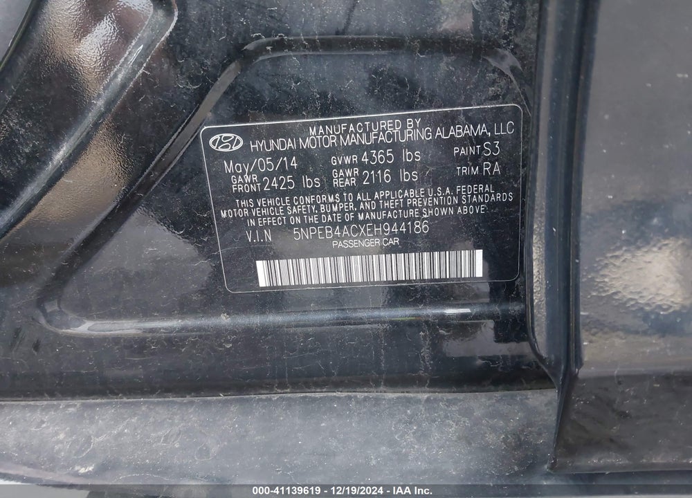 2014 HYUNDAI SONATA VIN: 5NPEB4ACXEH944186