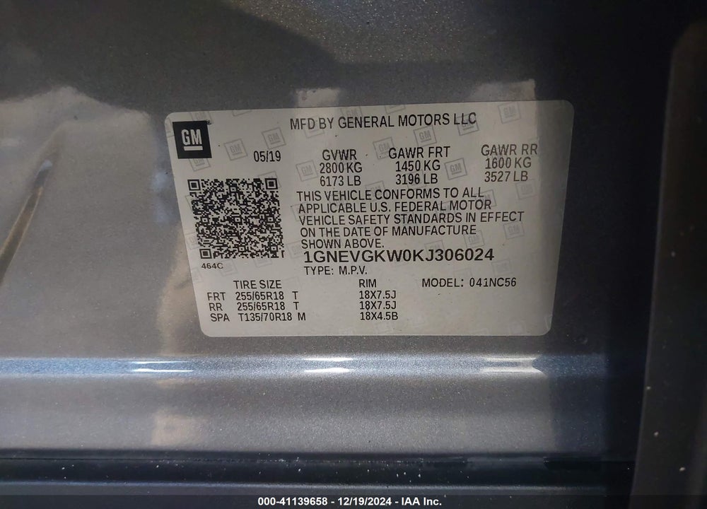 2019 CHEVROLET TRAVERSE 1LT VIN: 1GNEVGKW0KJ306024