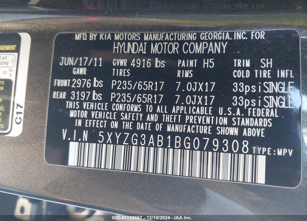 2011 HYUNDAI SANTA FE GLS VIN: 5XYZG3AB1BG079308