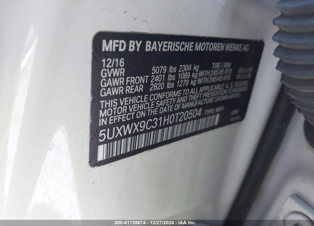 2017 BMW X3 XDRIVE28I VIN: 5UXWX9C31H0T20504