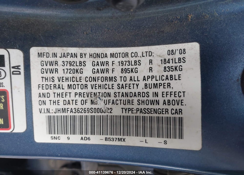 2009 HONDA CIVIC HYBRID VIN: JHMFA36269S000022