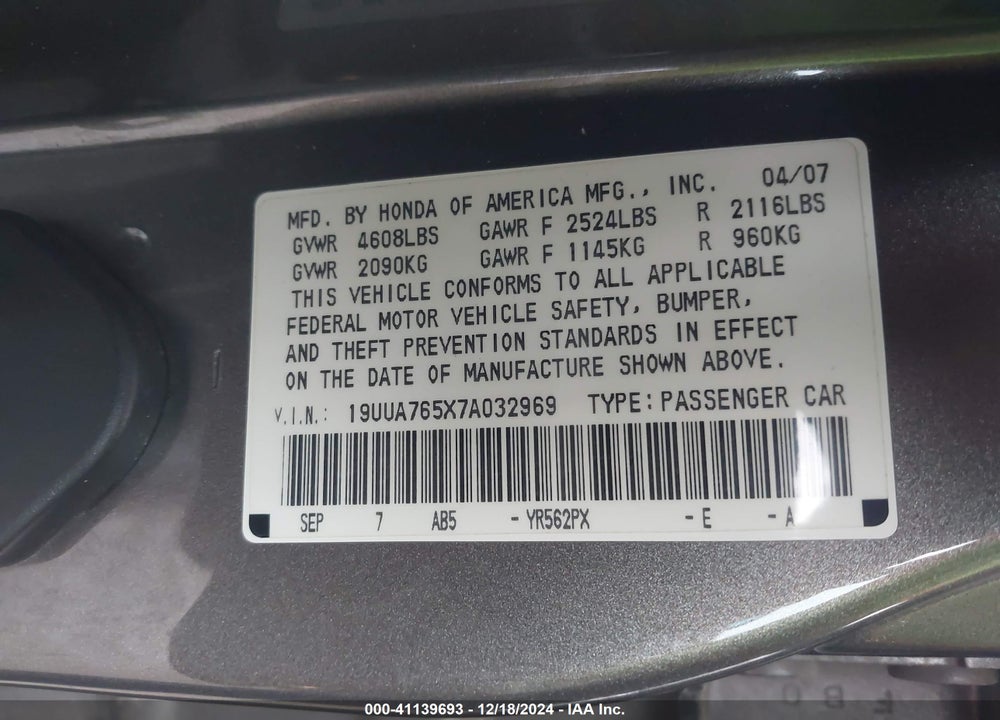 2007 ACURA TL TYPE S VIN: 19UUA765X7A032969