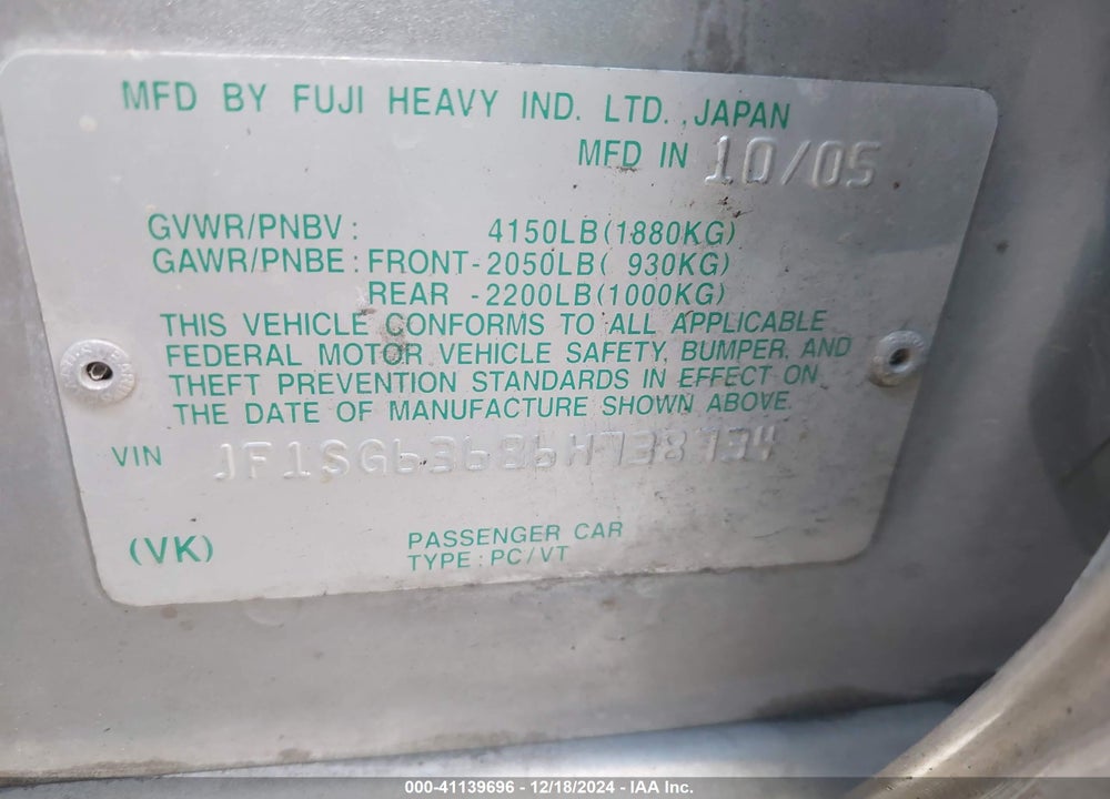 2006 SUBARU FORESTER 2.5X VIN: JF1SG63686H738734