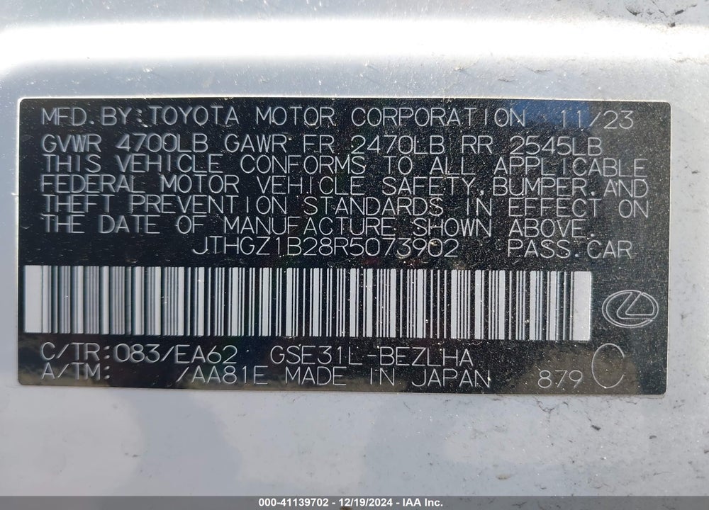 2024 LEXUS IS 350 F-SPORT VIN: JTHGZ1B28R5073902