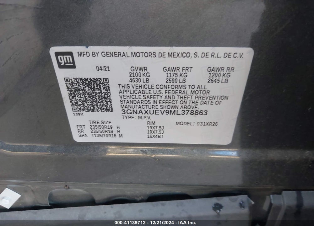 2021 CHEVROLET EQUINOX AWD LT VIN: 3GNAXUEV9ML378863