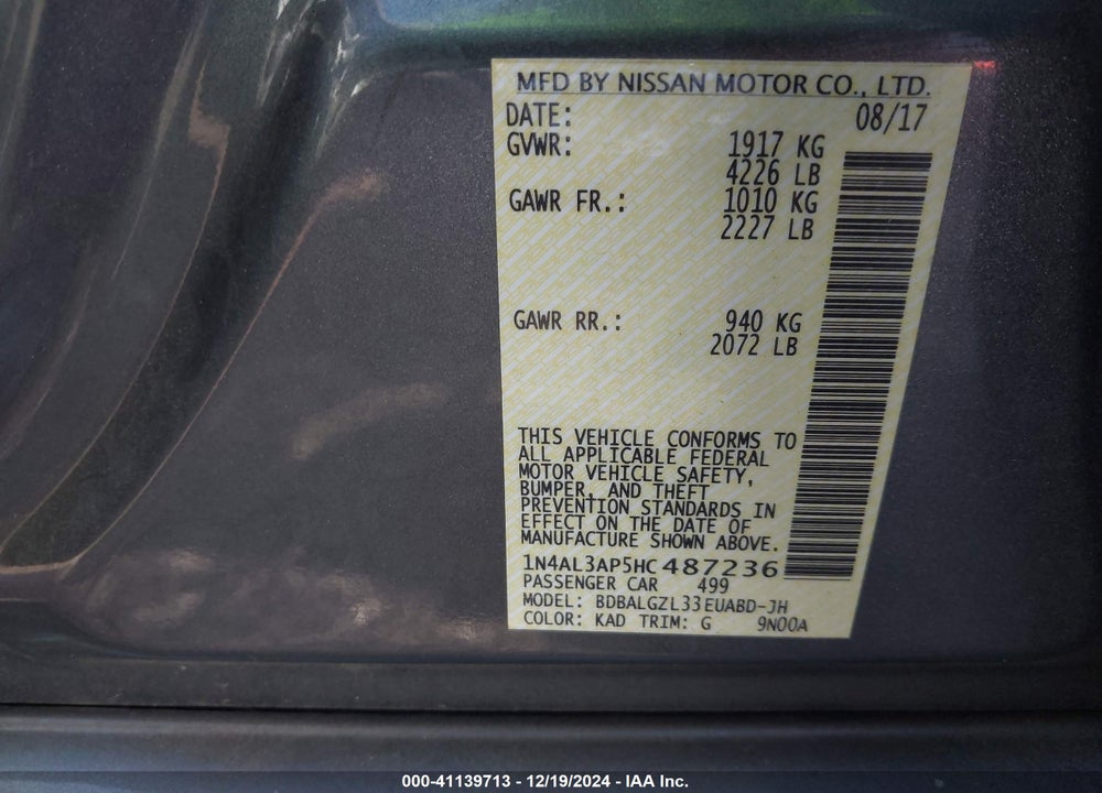 2017 NISSAN ALTIMA 2.5 S VIN: 1N4AL3AP5HC487236