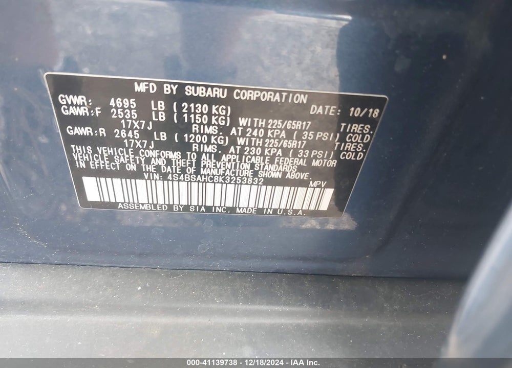 2019 SUBARU OUTBACK 2.5I PREMIUM VIN: 4S4BSAHC8K3253832