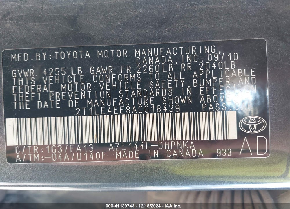 2010 TOYOTA MATRIX S VIN: 2T1LE4EE8AC018439