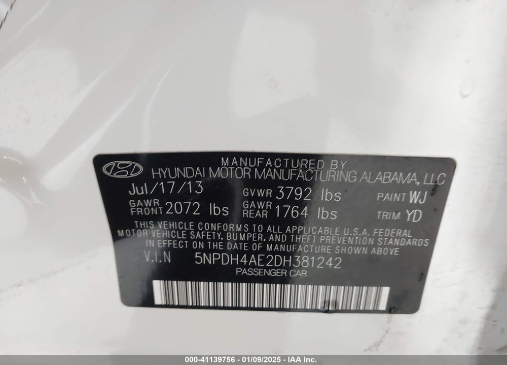 2013 HYUN ELANTRA GLS MANUAL ( VIN: 5NPDH4AE2DH381242