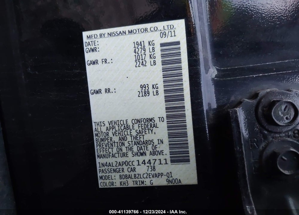 2012 NISSAN ALTIMA 2.5 S VIN: 1N4AL2AP0CC144711