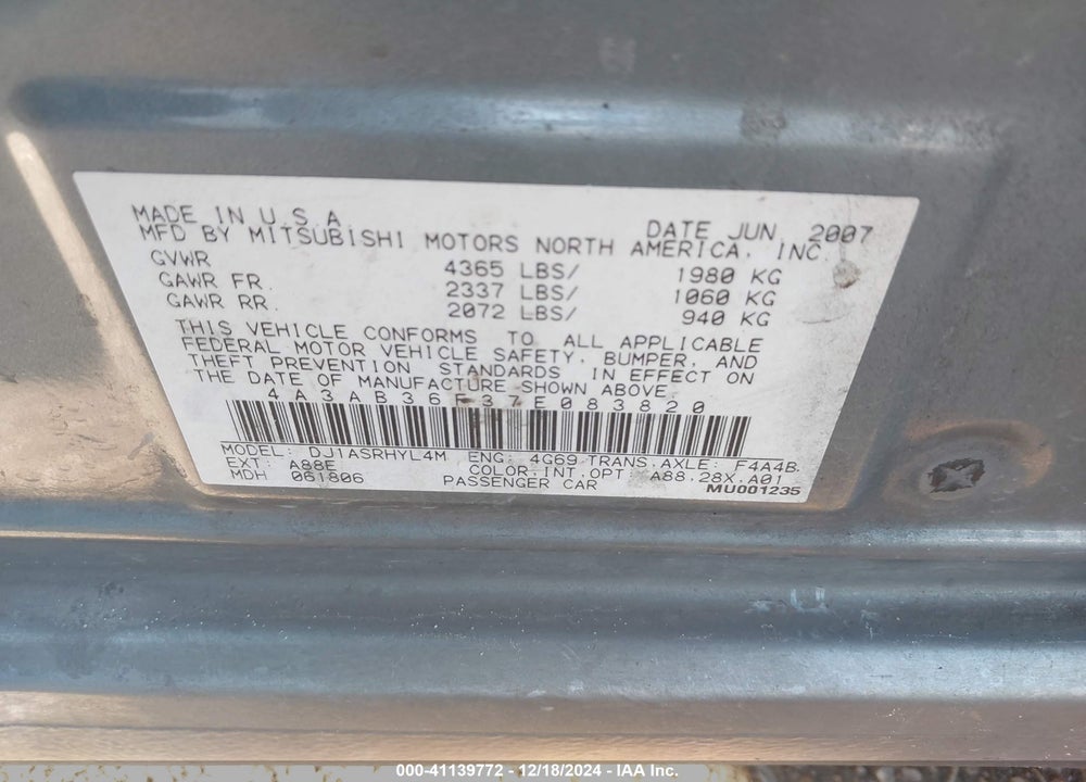 2007 MITSUBISHI GALANT VIN: 4A3AB36F37E083820