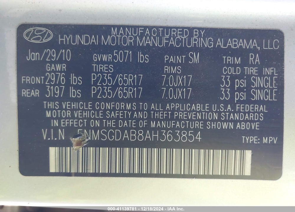 2010 HYUNDAI SANTA FE GLS VIN: 5NMSGDAB8AH363854