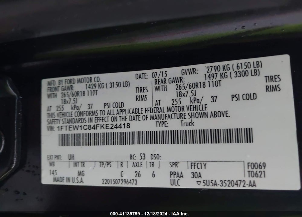2015 FORD F-150 XLT VIN: 1FTEW1C84FKE24418
